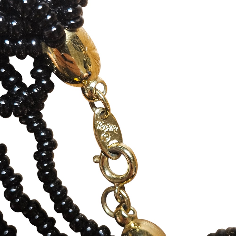 Trifari Black Glass Seed Multi Strand Beaded Bracelet Gold Tone Signed Glam 90s - Picture 5 of 8